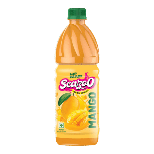 Mr. Maid Scazo Mango drink bottle with a green cap and bright yellow mango design on the label, displayed on a yellow background.